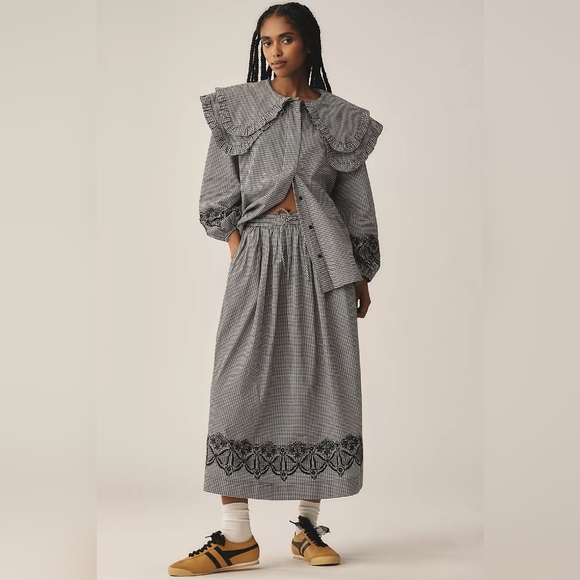 Damson Madder Dresses & Skirts - Damson Madder Keeley Gingham Cotton Midi Skirt Black EU Size 14 (See Measuremen)